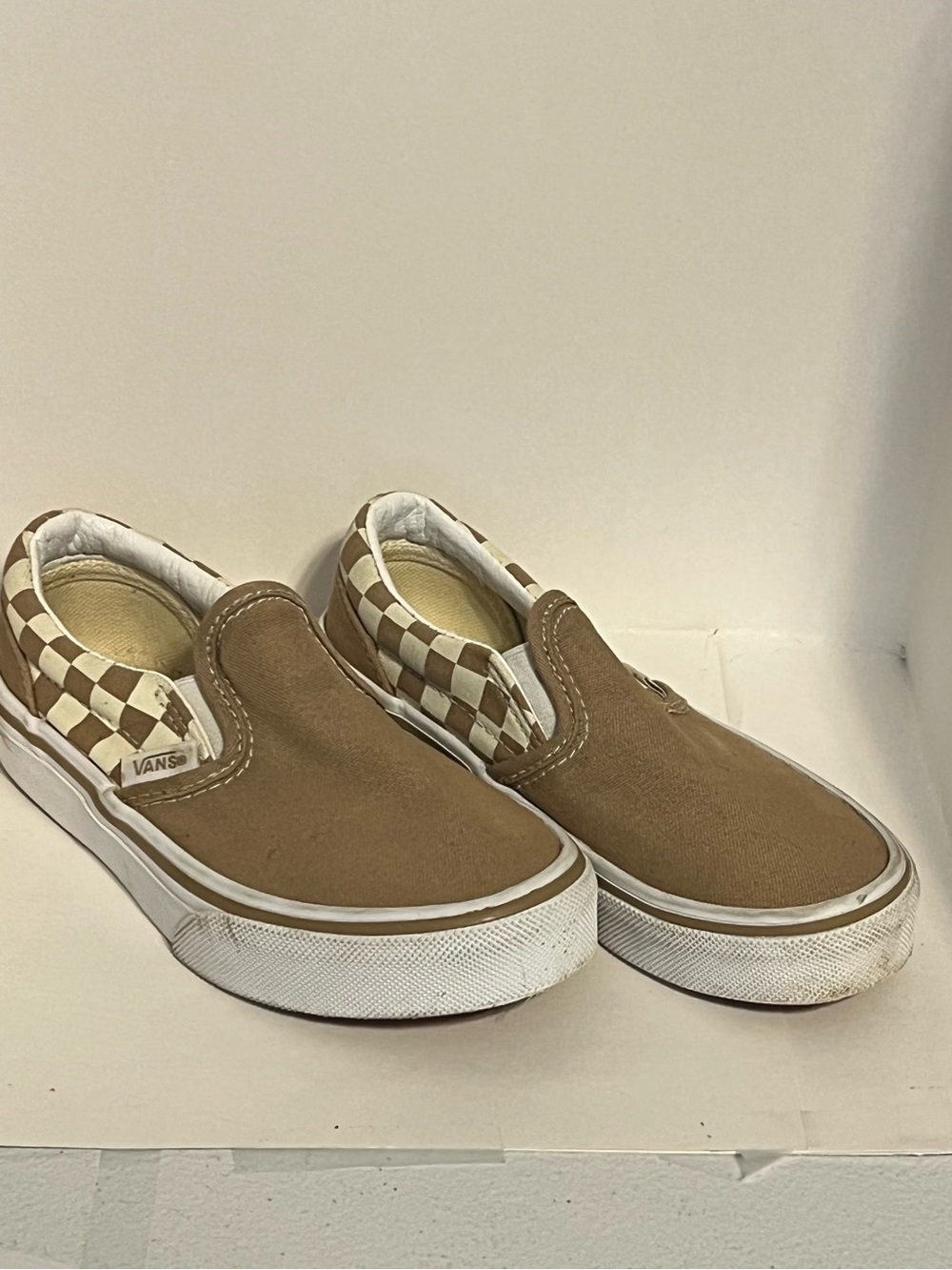 Vans Kids Slip-On Sneakers in Tan with White Checkerboard